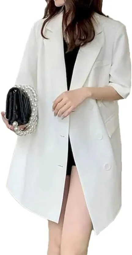 Women Oversized Mid-Length Short Sleeve Blazer Loose Thin Casual Design Suit Coat