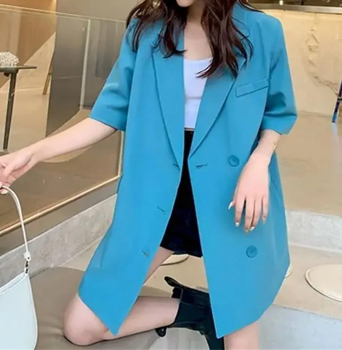 Women Oversized Mid-Length Short Sleeve Blazer Loose Thin Casual Design Suit Coat