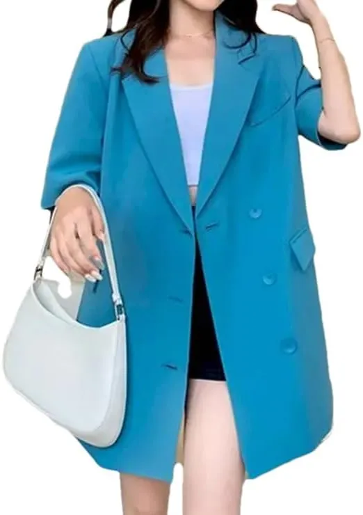 Women Oversized Mid-Length Short Sleeve Blazer Loose Thin Casual Design Suit Coat