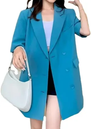 Women Oversized Mid-Length Short Sleeve Blazer Loose Thin Casual Design Suit Coat