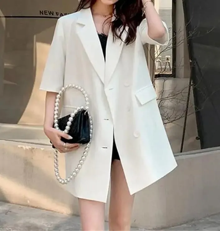 Women Oversized Mid-Length Short Sleeve Blazer Loose Thin Casual Design Suit Coat