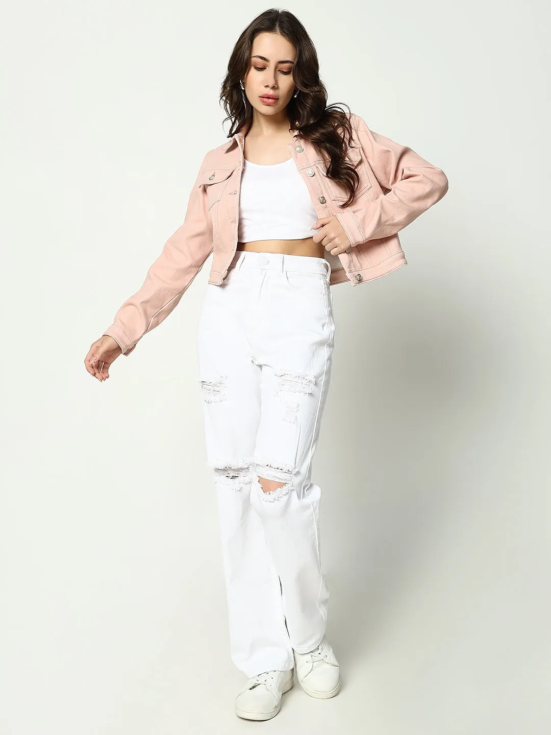 Women Peach Spread Collar Crop Denim Jacket