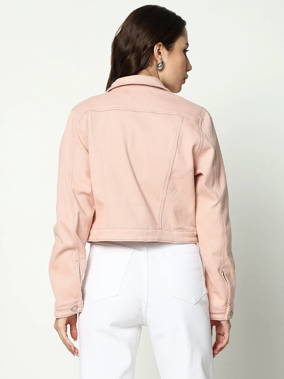 Women Peach Spread Collar Crop Denim Jacket