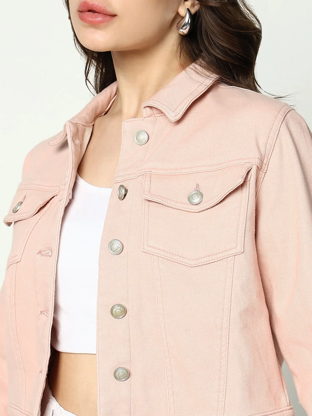 Women Peach Spread Collar Crop Denim Jacket