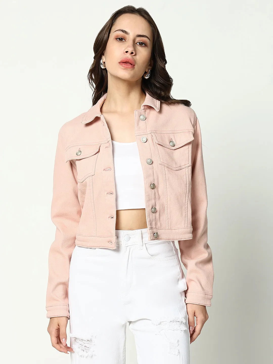 Women Peach Spread Collar Crop Denim Jacket