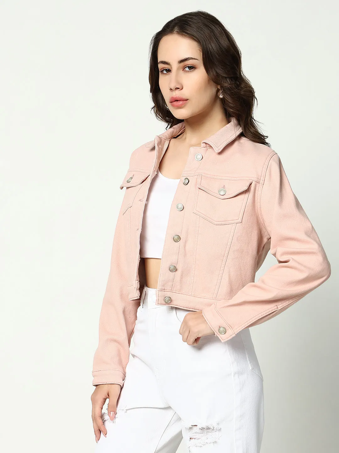 Women Peach Spread Collar Crop Denim Jacket