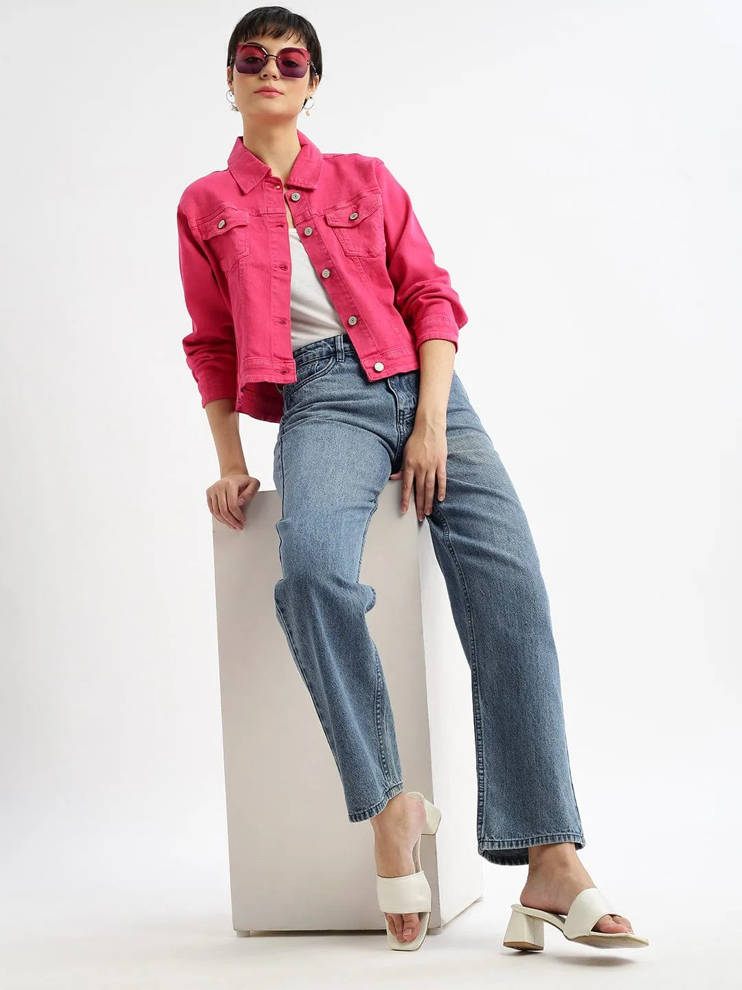 Women Pink Washed Windcheater Crop Denim Jacket