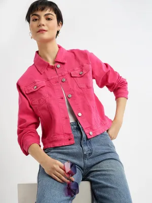 Women Pink Washed Windcheater Crop Denim Jacket
