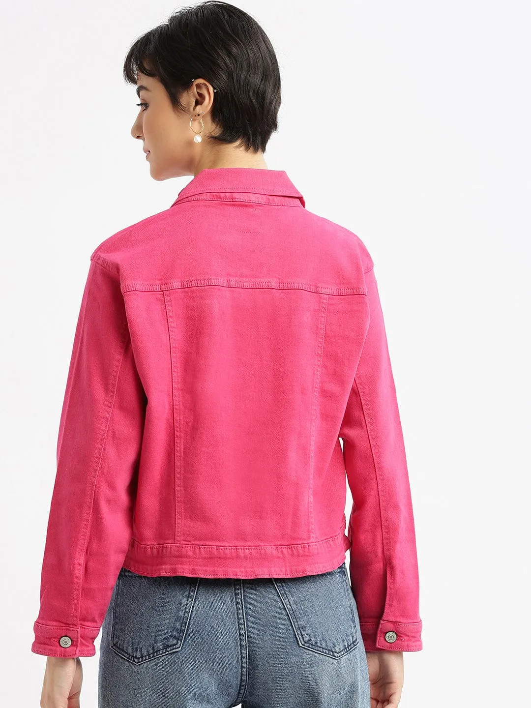 Women Pink Washed Windcheater Crop Denim Jacket