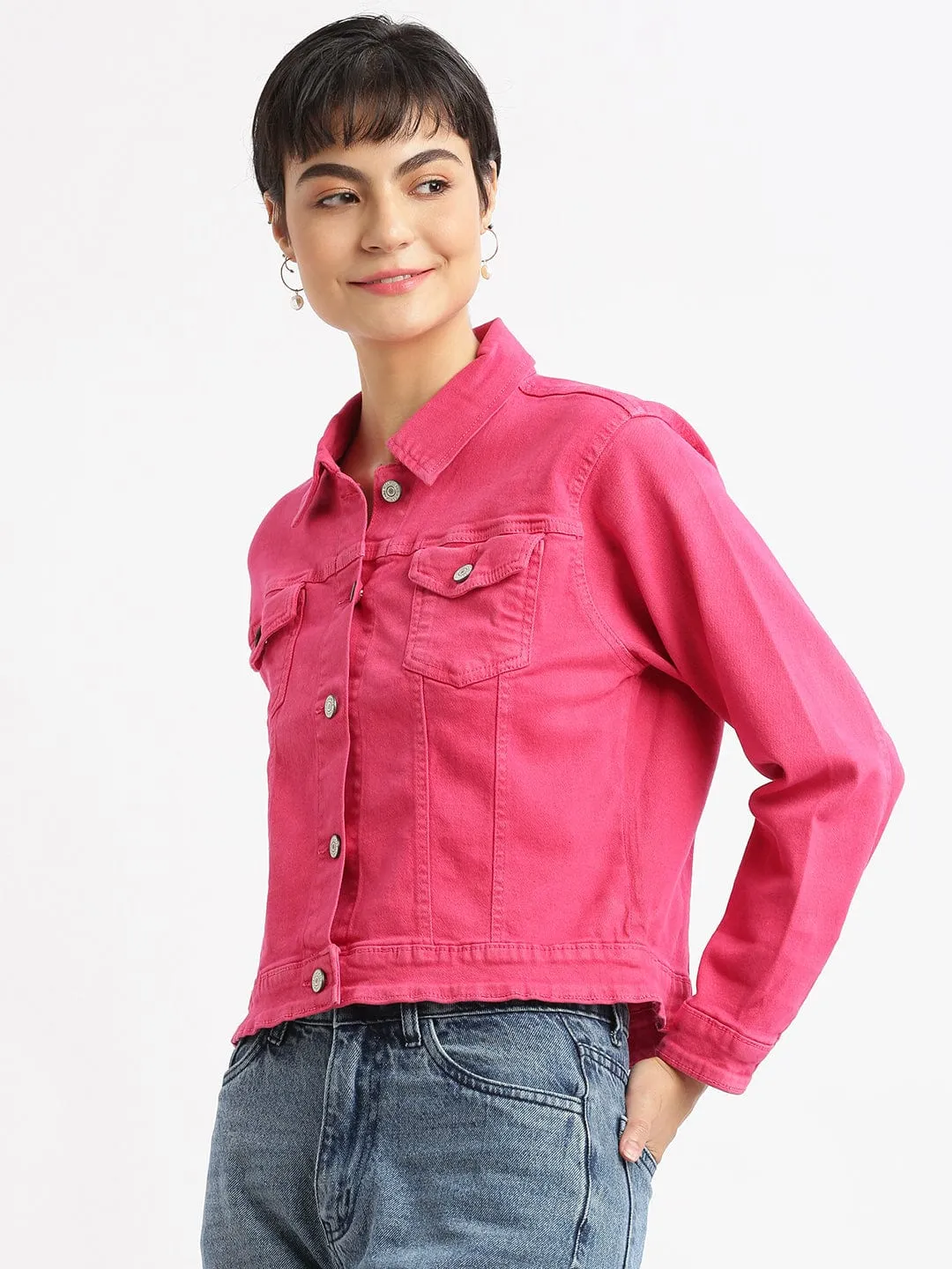 Women Pink Washed Windcheater Crop Denim Jacket