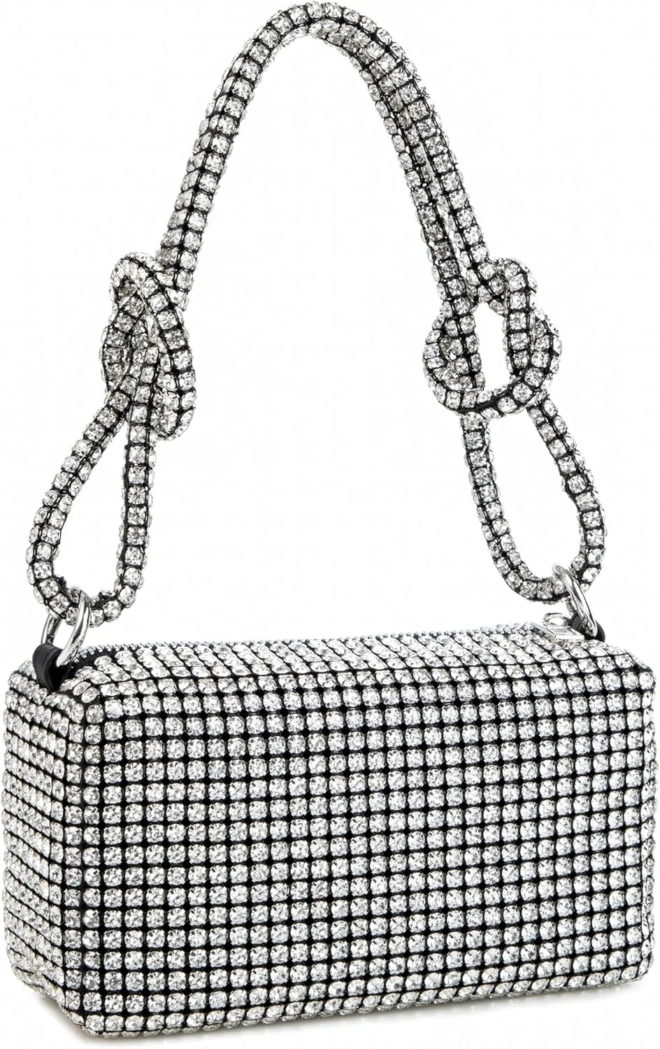 Women Rhinestone Box Bag Knot Handle Evening Clutch Handbag Diamond Purse with Detachable Strap for Wedding Party