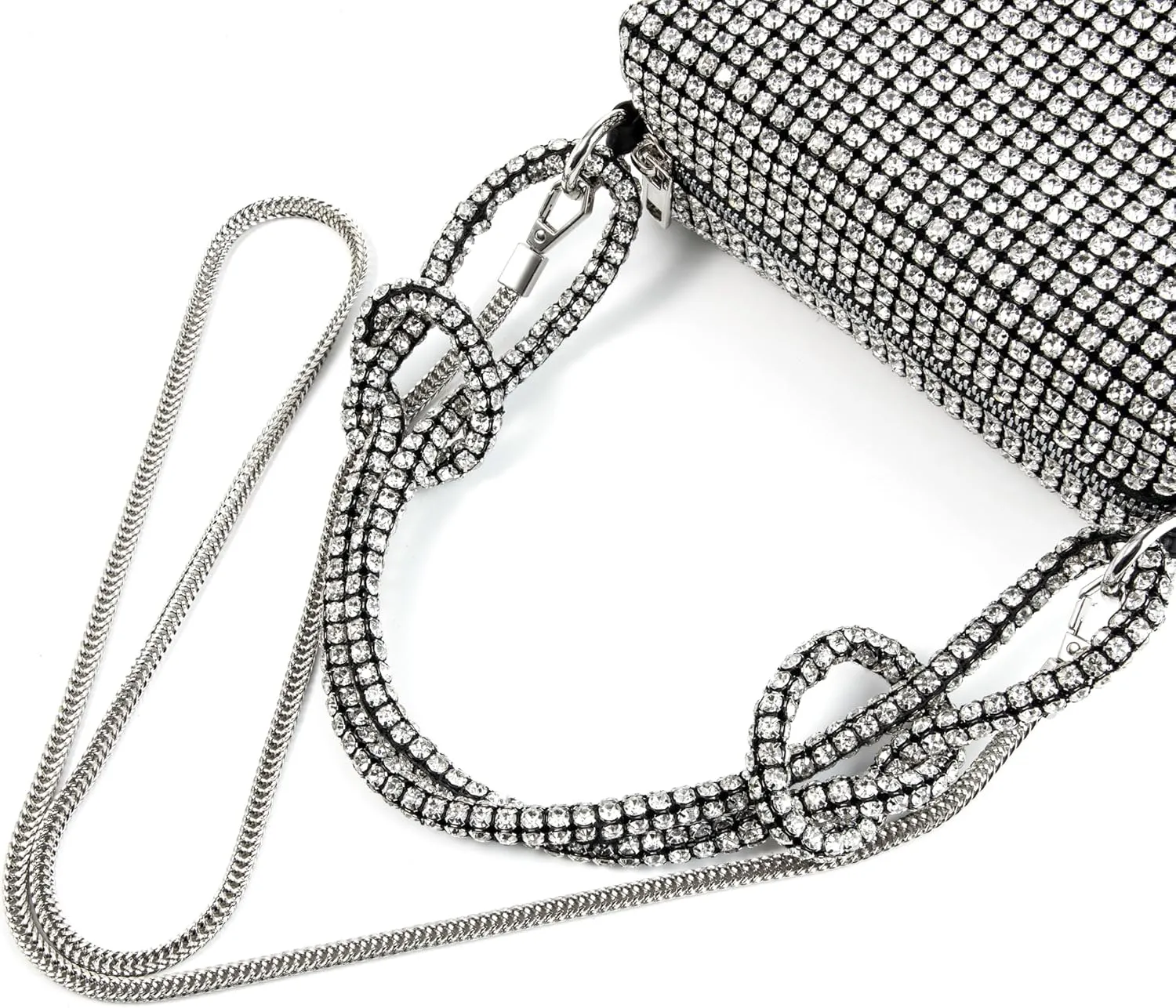 Women Rhinestone Box Bag Knot Handle Evening Clutch Handbag Diamond Purse with Detachable Strap for Wedding Party