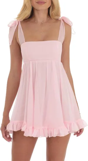 Women Ruffle Babydoll Dress Sleeveless Bow Tie Mini Dresses Summer Striped Floral Print A-Line Party Sundress
