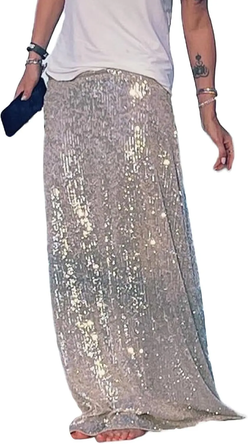 Women Sequin Midi Long Skirt Y2k Glitter Loose Pencil Maxi Skirt Sequins Low Waist Evening Party Sparkly Skirt