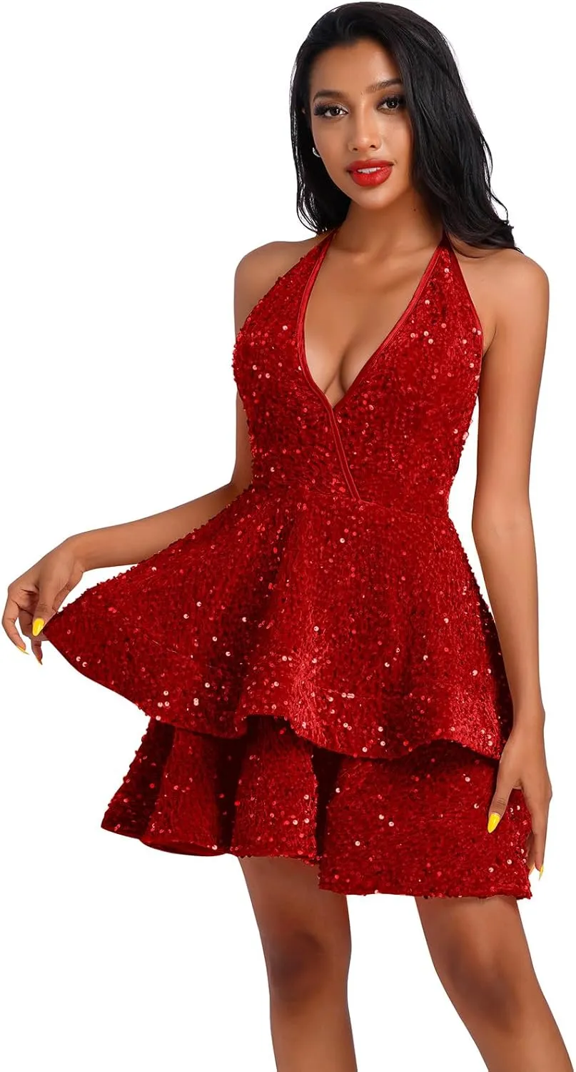 Women Sequin Short Prom Dresses for Teens Sparkly Spaghetti Strap Homecoming Dress Halter Tiered Glitter Cocktail Party Dress
