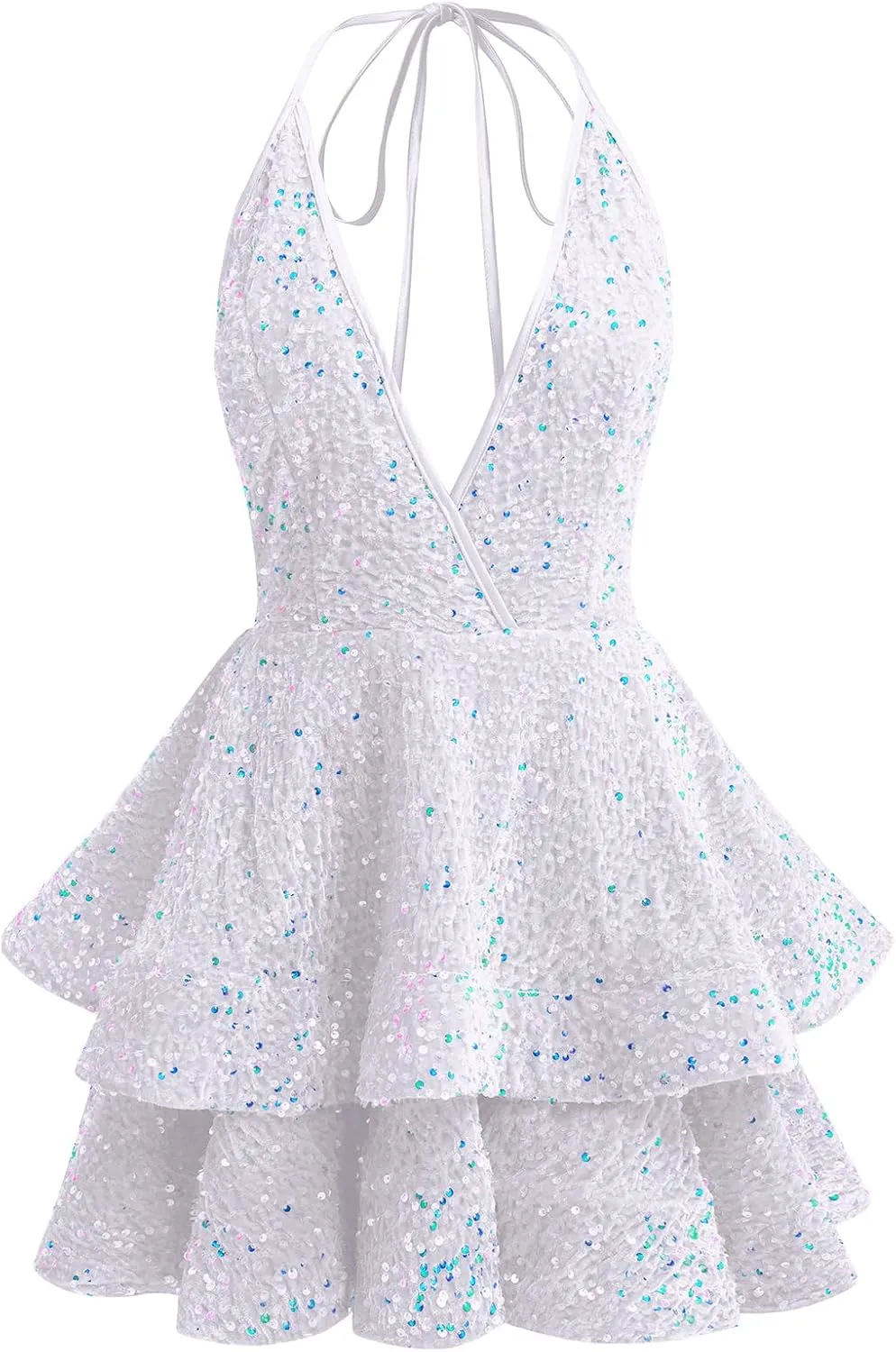 Women Sequin Short Prom Dresses for Teens Sparkly Spaghetti Strap Homecoming Dress Halter Tiered Glitter Cocktail Party Dress