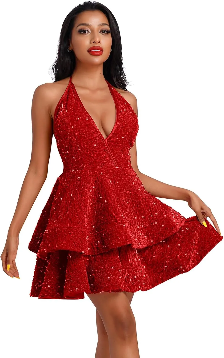 Women Sequin Short Prom Dresses for Teens Sparkly Spaghetti Strap Homecoming Dress Halter Tiered Glitter Cocktail Party Dress
