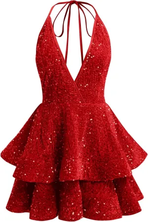 Women Sequin Short Prom Dresses for Teens Sparkly Spaghetti Strap Homecoming Dress Halter Tiered Glitter Cocktail Party Dress