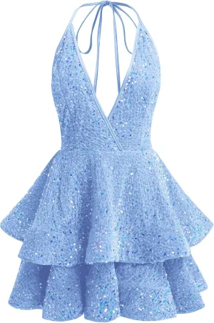 Women Sequin Short Prom Dresses for Teens Sparkly Spaghetti Strap Homecoming Dress Halter Tiered Glitter Cocktail Party Dress