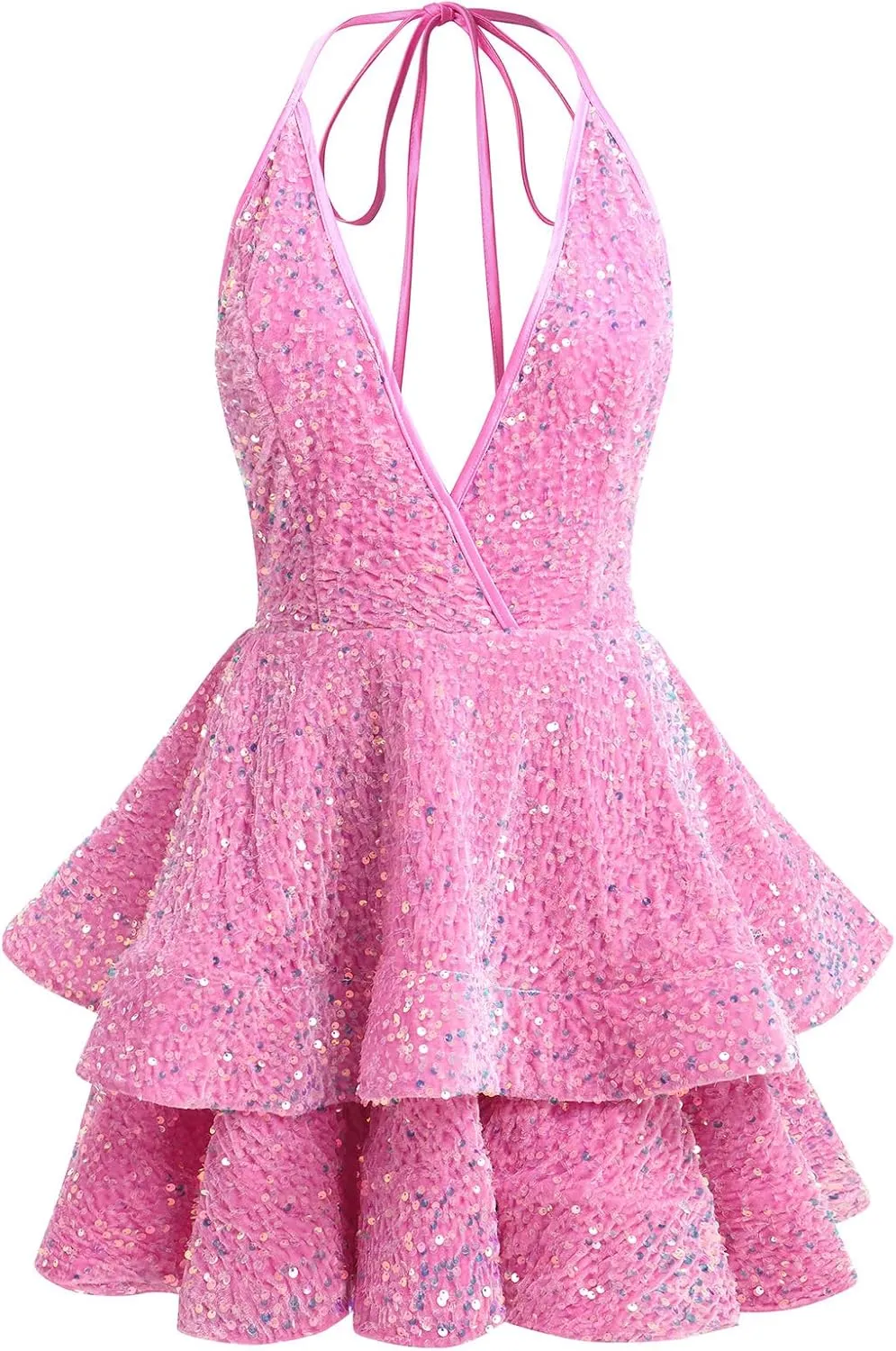 Women Sequin Short Prom Dresses for Teens Sparkly Spaghetti Strap Homecoming Dress Halter Tiered Glitter Cocktail Party Dress