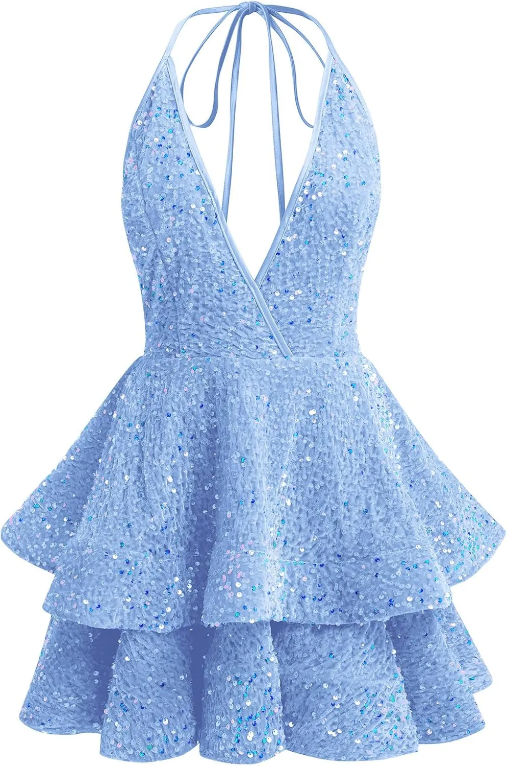 Women Sequin Short Prom Dresses for Teens Sparkly Spaghetti Strap Homecoming Dress Halter Tiered Glitter Cocktail Party Dress