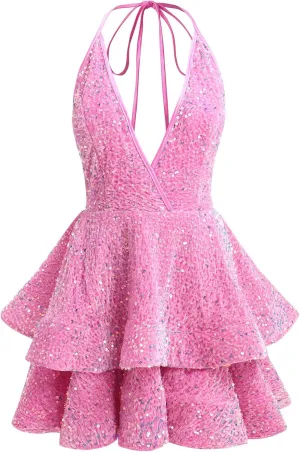 Women Sequin Short Prom Dresses for Teens Sparkly Spaghetti Strap Homecoming Dress Halter Tiered Glitter Cocktail Party Dress