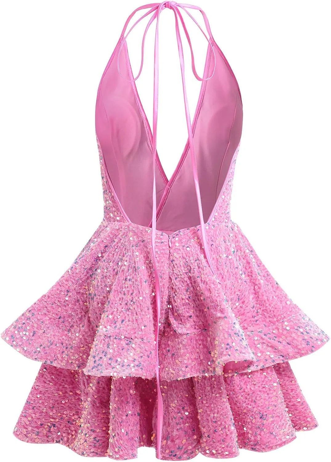 Women Sequin Short Prom Dresses for Teens Sparkly Spaghetti Strap Homecoming Dress Halter Tiered Glitter Cocktail Party Dress