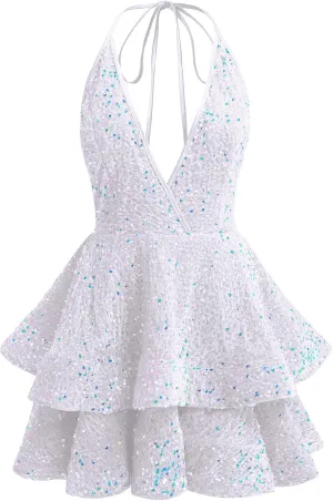 Women Sequin Short Prom Dresses for Teens Sparkly Spaghetti Strap Homecoming Dress Halter Tiered Glitter Cocktail Party Dress