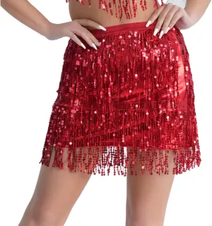 Women Sexy Tassel Skirt Sequins Belly Dance Hip Skirt Sparkle Fringe Rave Skirt Cowgirl Outfit for Women and Girls
