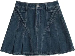 Women Skirts Retro Blue High Waisted A-Line Short Skirt for Denim Streetwear Summer