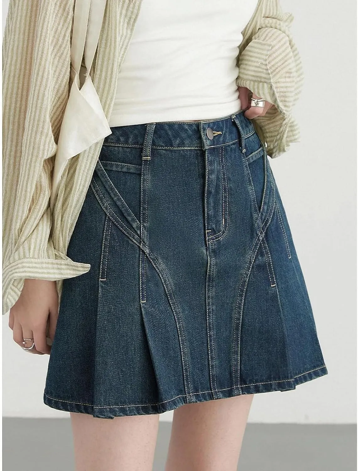 Women Skirts Retro Blue High Waisted A-Line Short Skirt for Denim Streetwear Summer