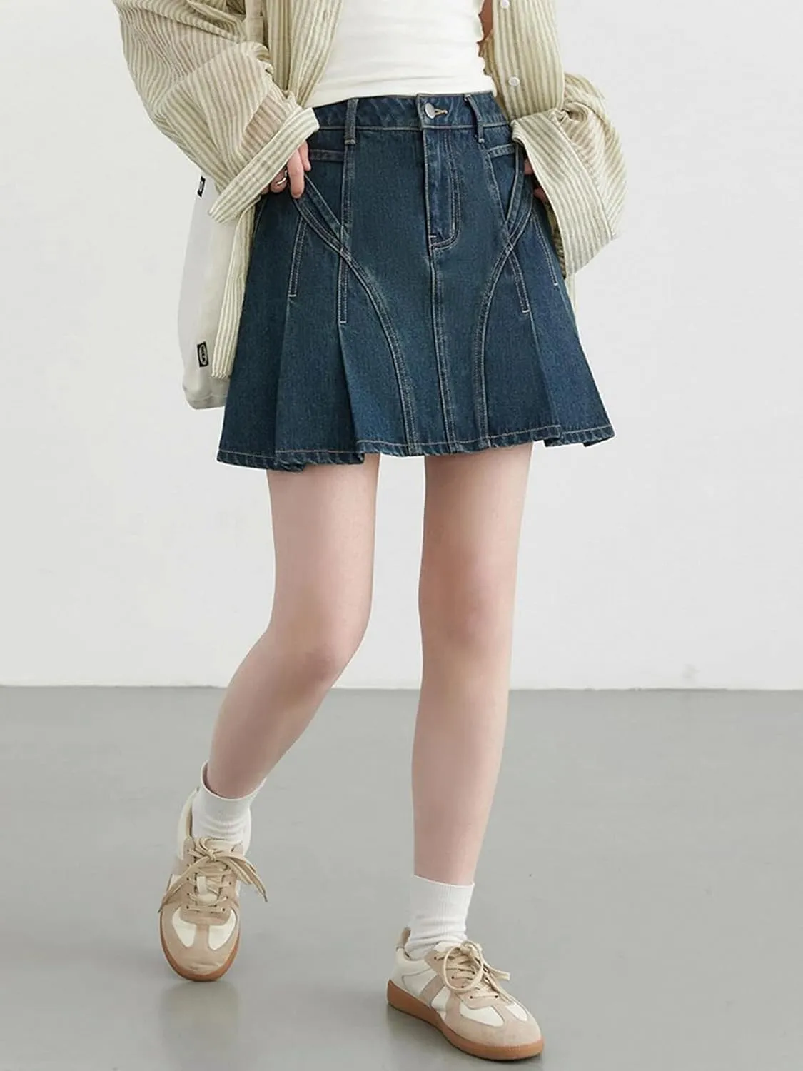 Women Skirts Retro Blue High Waisted A-Line Short Skirt for Denim Streetwear Summer