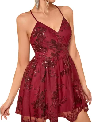Women Spaghetti Straps Sparkly Sequin Homecoming Dress for Teens Juniors Halter A Line Swing Party Nightclub Dance Mini Dress