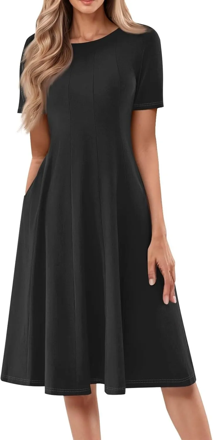 Women Summer Dresses Midi Short Sleeve Round Neck A Line Elegant Pleated Casual Dress with Side Pocket