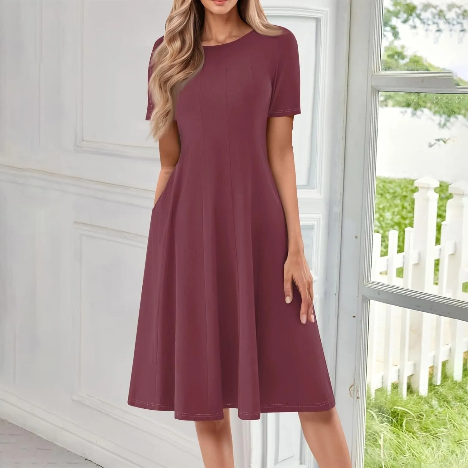 Women Summer Dresses Midi Short Sleeve Round Neck A Line Elegant Pleated Casual Dress with Side Pocket