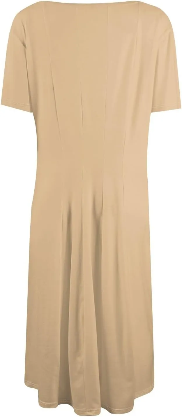 Women Summer Dresses Midi Short Sleeve Round Neck A Line Elegant Pleated Casual Dress with Side Pocket
