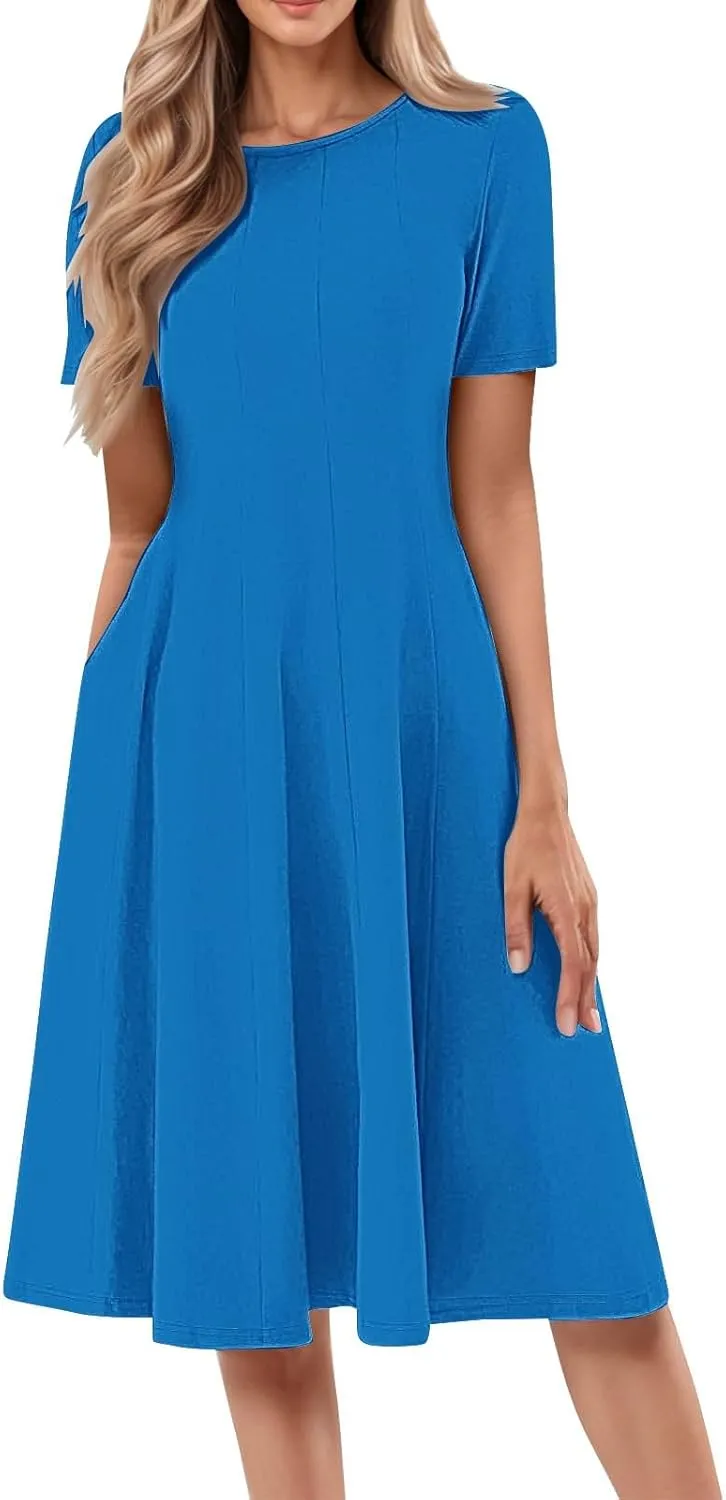 Women Summer Dresses Midi Short Sleeve Round Neck A Line Elegant Pleated Casual Dress with Side Pocket