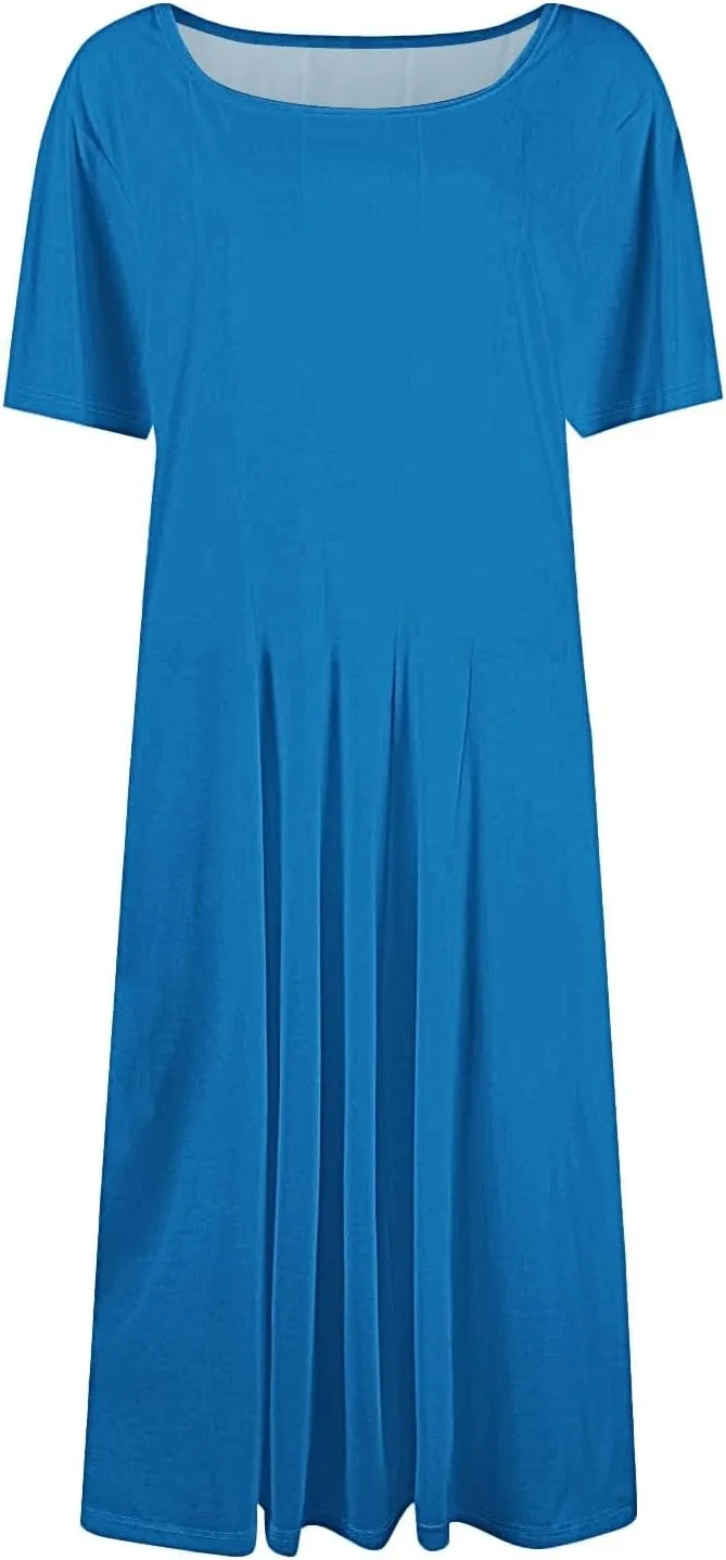 Women Summer Dresses Midi Short Sleeve Round Neck A Line Elegant Pleated Casual Dress with Side Pocket