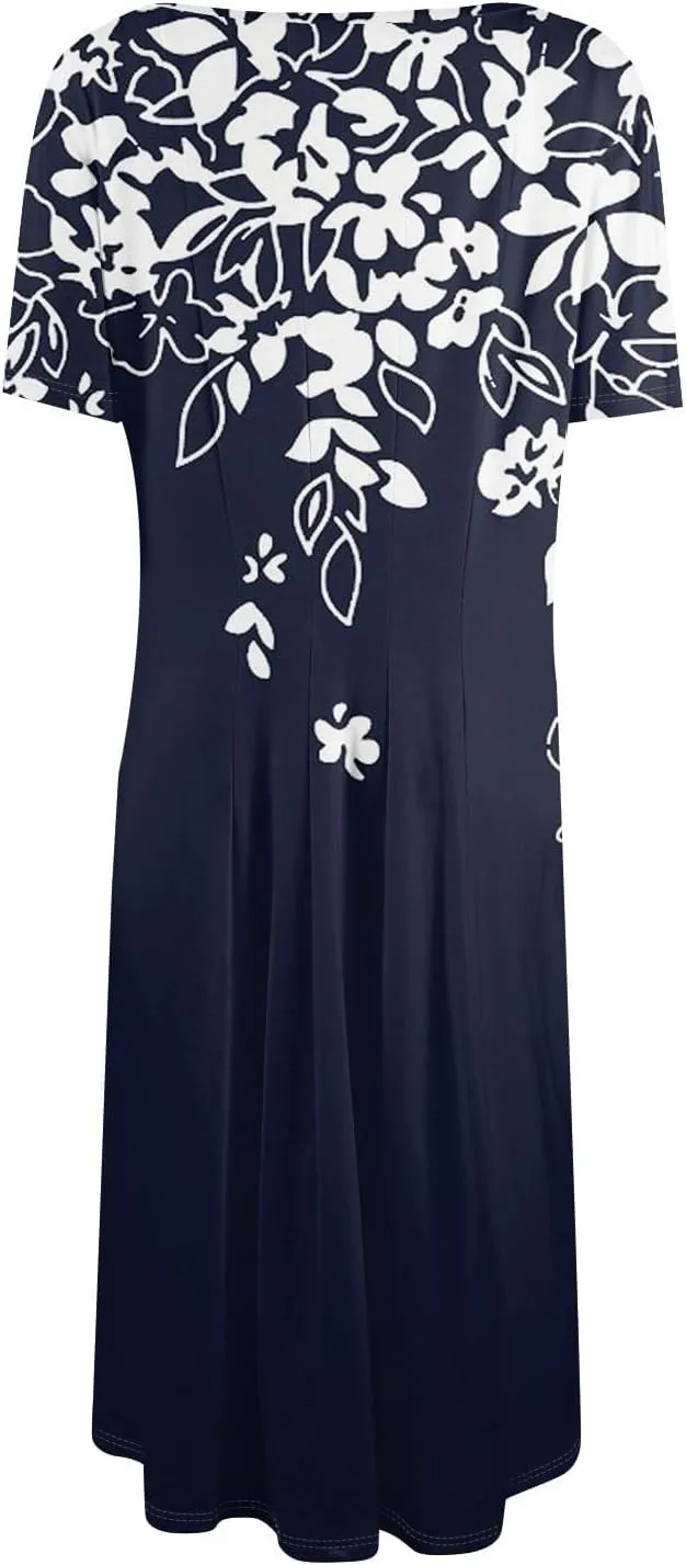 Women Summer Dresses Midi Short Sleeve Round Neck A Line Elegant Pleated Casual Dress with Side Pocket