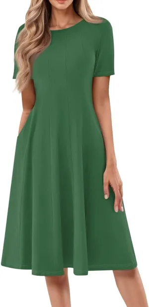 Women Summer Dresses Midi Short Sleeve Round Neck A Line Elegant Pleated Casual Dress with Side Pocket
