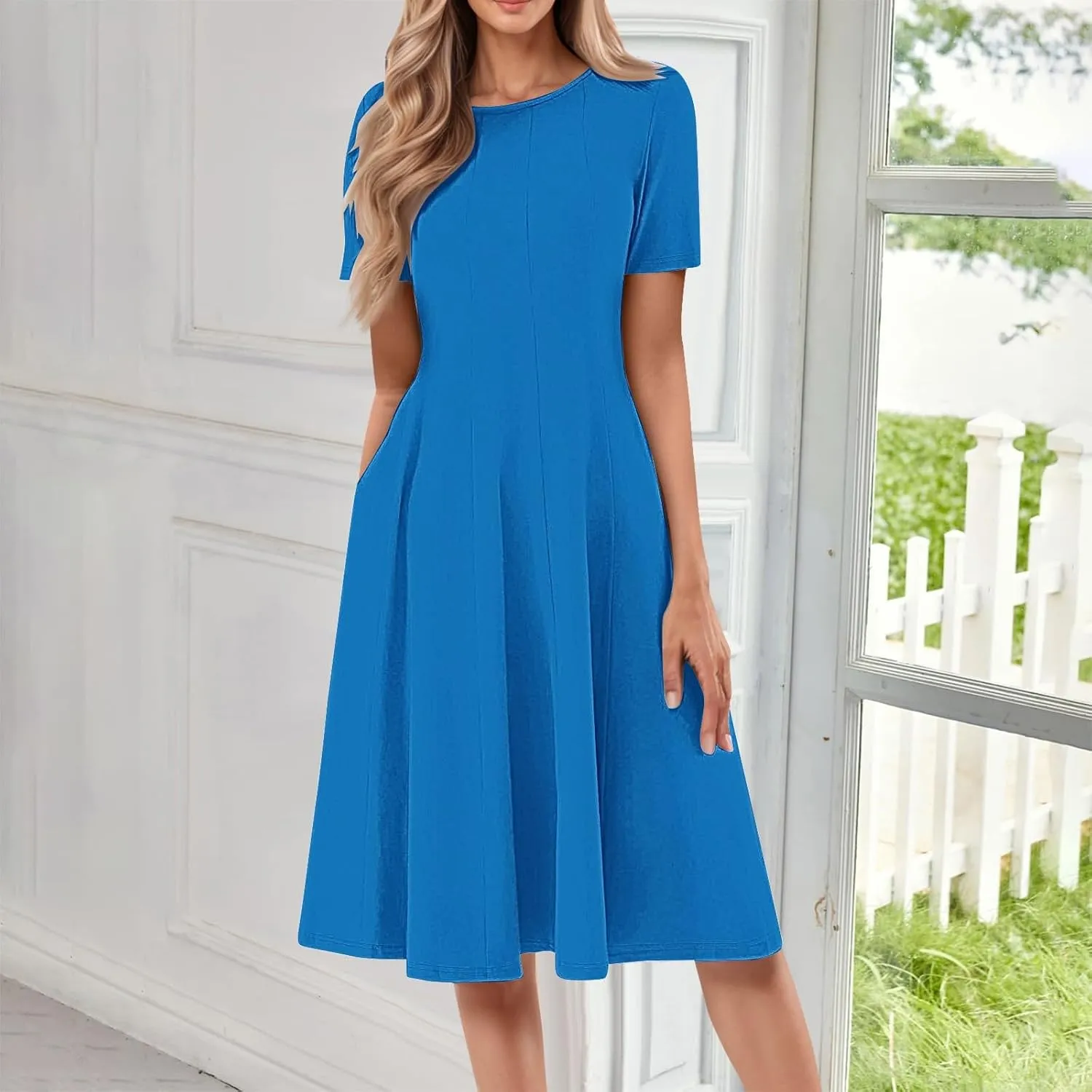 Women Summer Dresses Midi Short Sleeve Round Neck A Line Elegant Pleated Casual Dress with Side Pocket