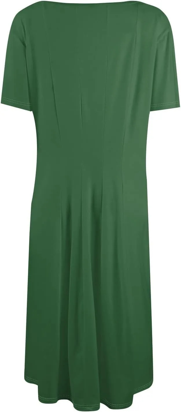 Women Summer Dresses Midi Short Sleeve Round Neck A Line Elegant Pleated Casual Dress with Side Pocket