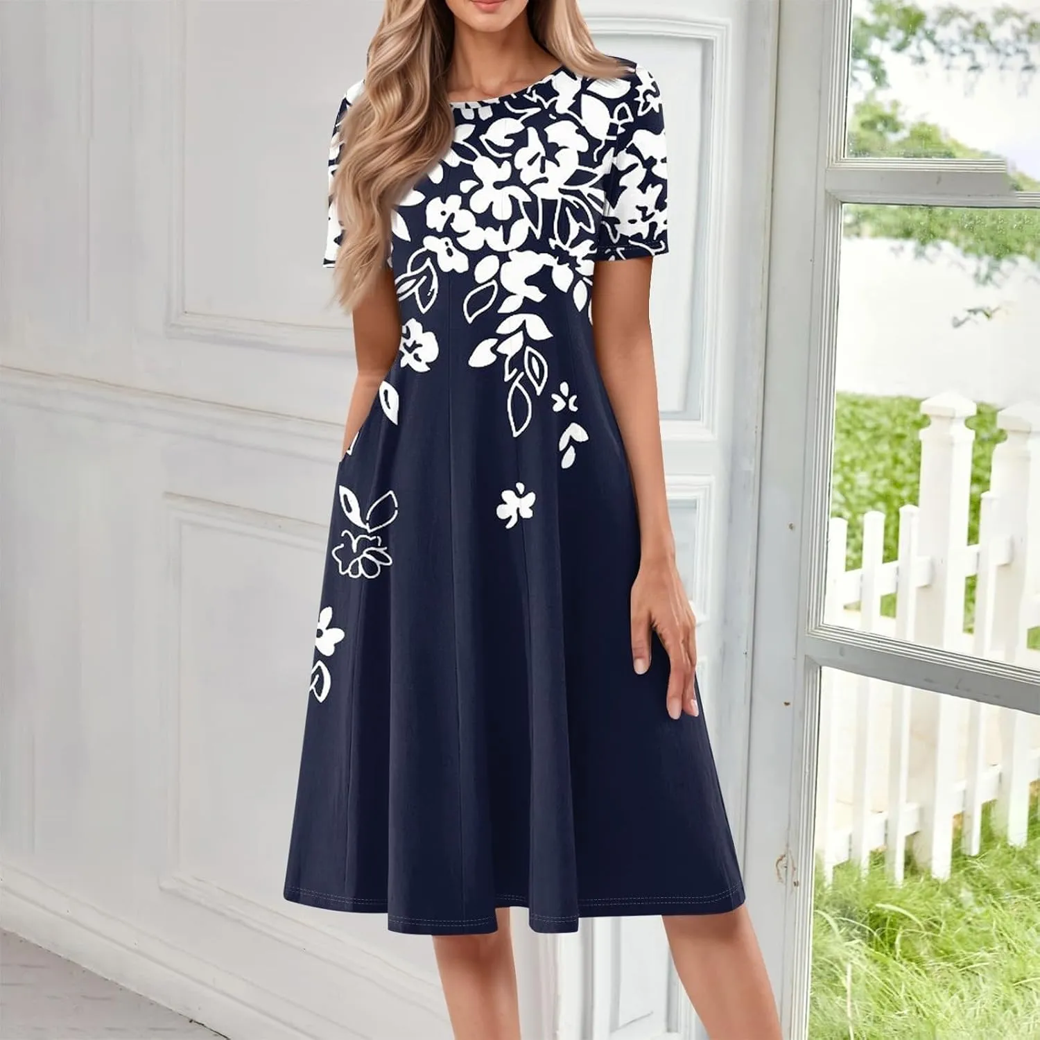 Women Summer Dresses Midi Short Sleeve Round Neck A Line Elegant Pleated Casual Dress with Side Pocket