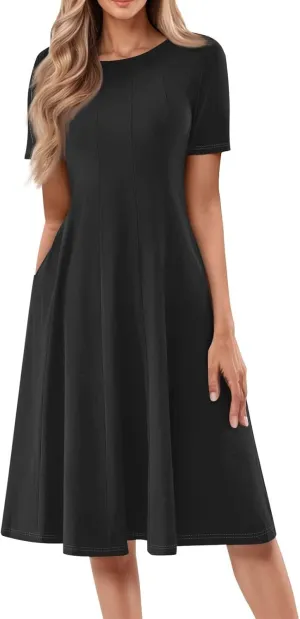 Women Summer Dresses Midi Short Sleeve Round Neck A Line Elegant Pleated Casual Dress with Side Pocket