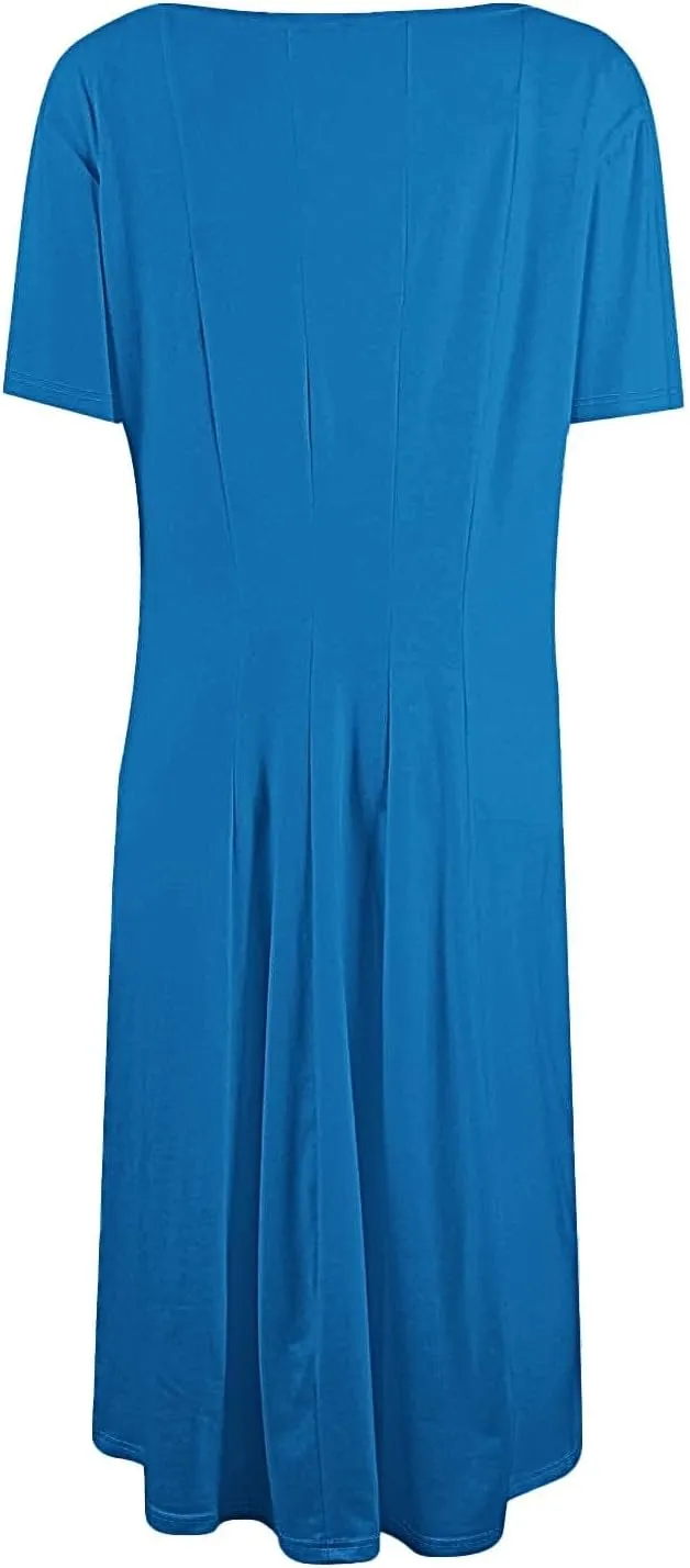 Women Summer Dresses Midi Short Sleeve Round Neck A Line Elegant Pleated Casual Dress with Side Pocket