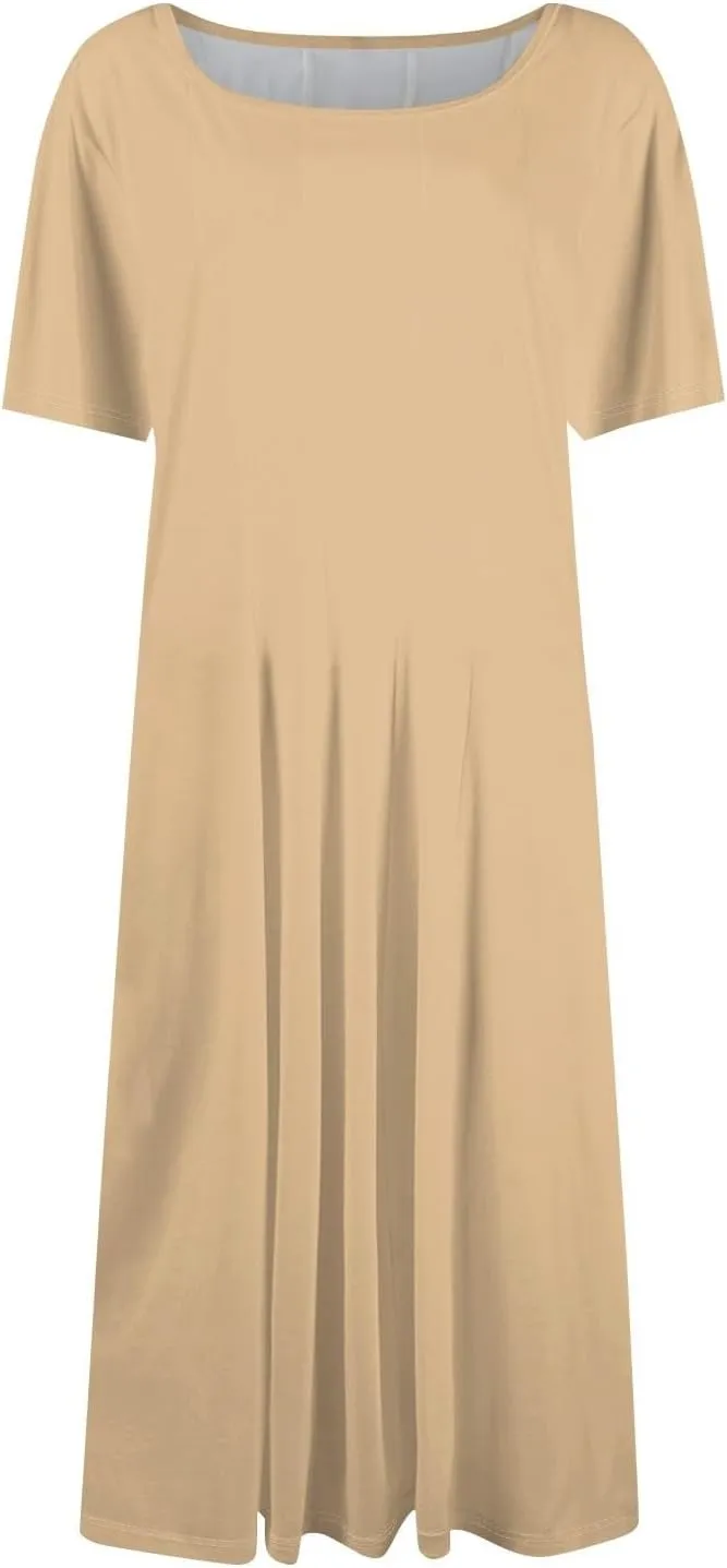 Women Summer Dresses Midi Short Sleeve Round Neck A Line Elegant Pleated Casual Dress with Side Pocket