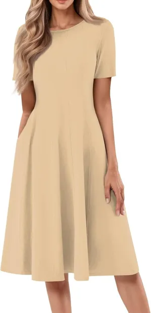 Women Summer Dresses Midi Short Sleeve Round Neck A Line Elegant Pleated Casual Dress with Side Pocket