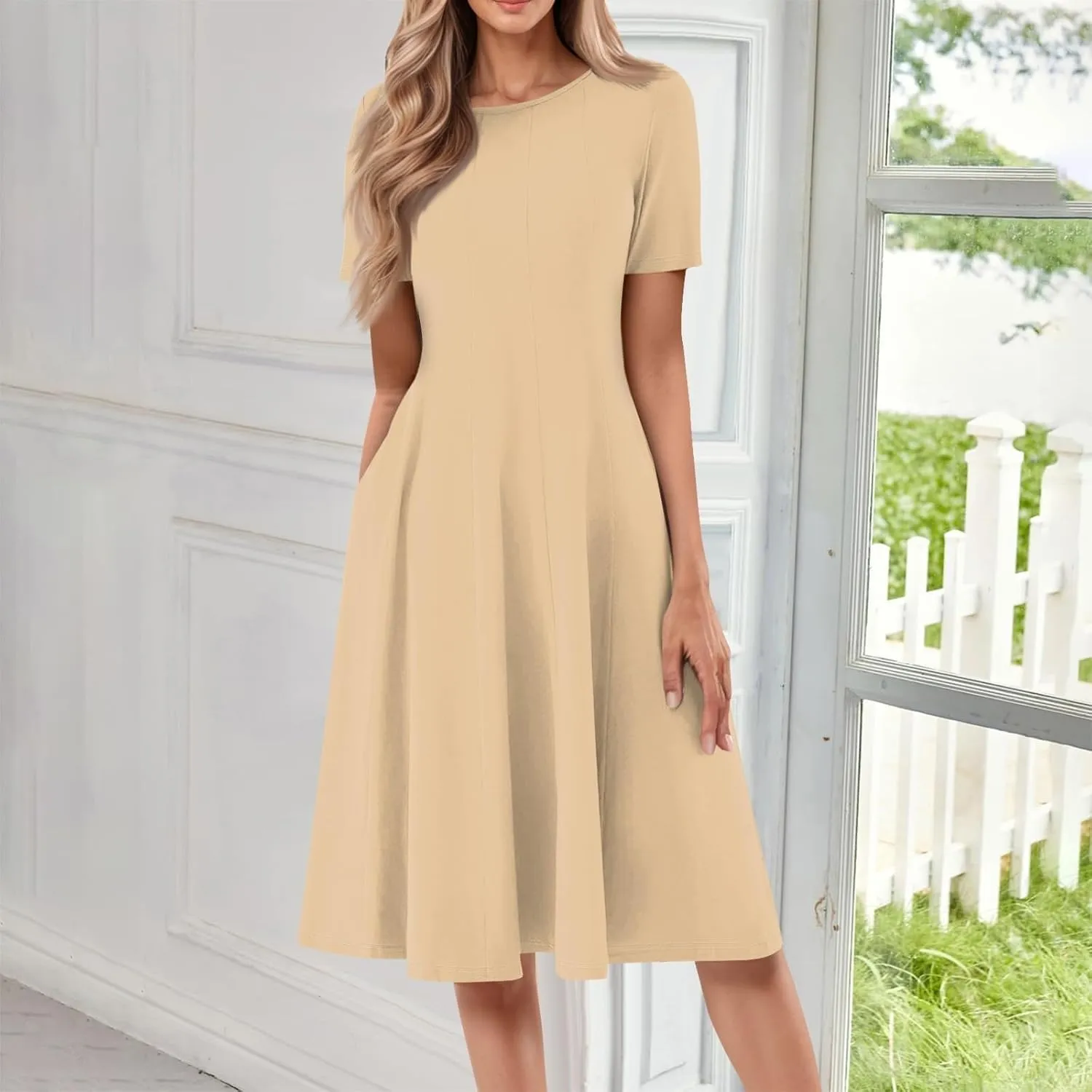 Women Summer Dresses Midi Short Sleeve Round Neck A Line Elegant Pleated Casual Dress with Side Pocket