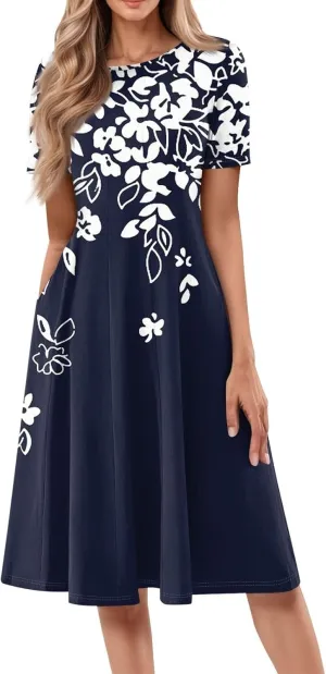 Women Summer Dresses Midi Short Sleeve Round Neck A Line Elegant Pleated Casual Dress with Side Pocket