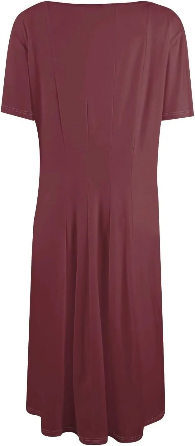 Women Summer Dresses Midi Short Sleeve Round Neck A Line Elegant Pleated Casual Dress with Side Pocket
